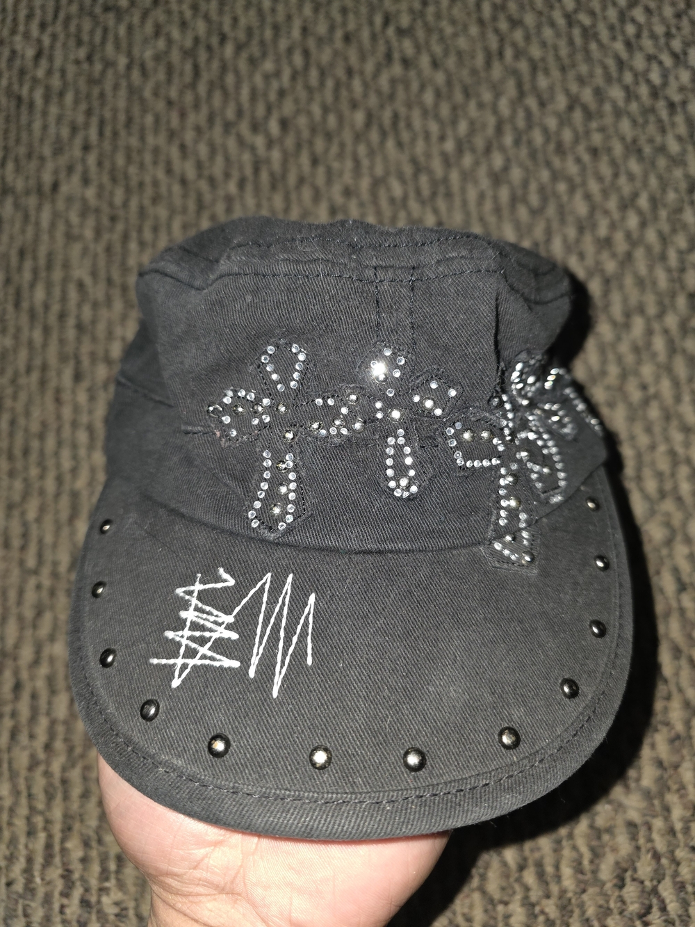 Cowgirl Tuff Black Studded Skull Cap with Rhinestone Cross